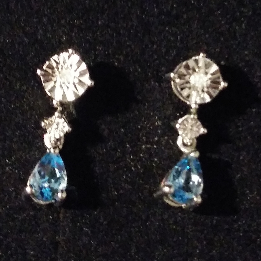 Sterling Blue Topaz And Diamond Drop Post Earrings